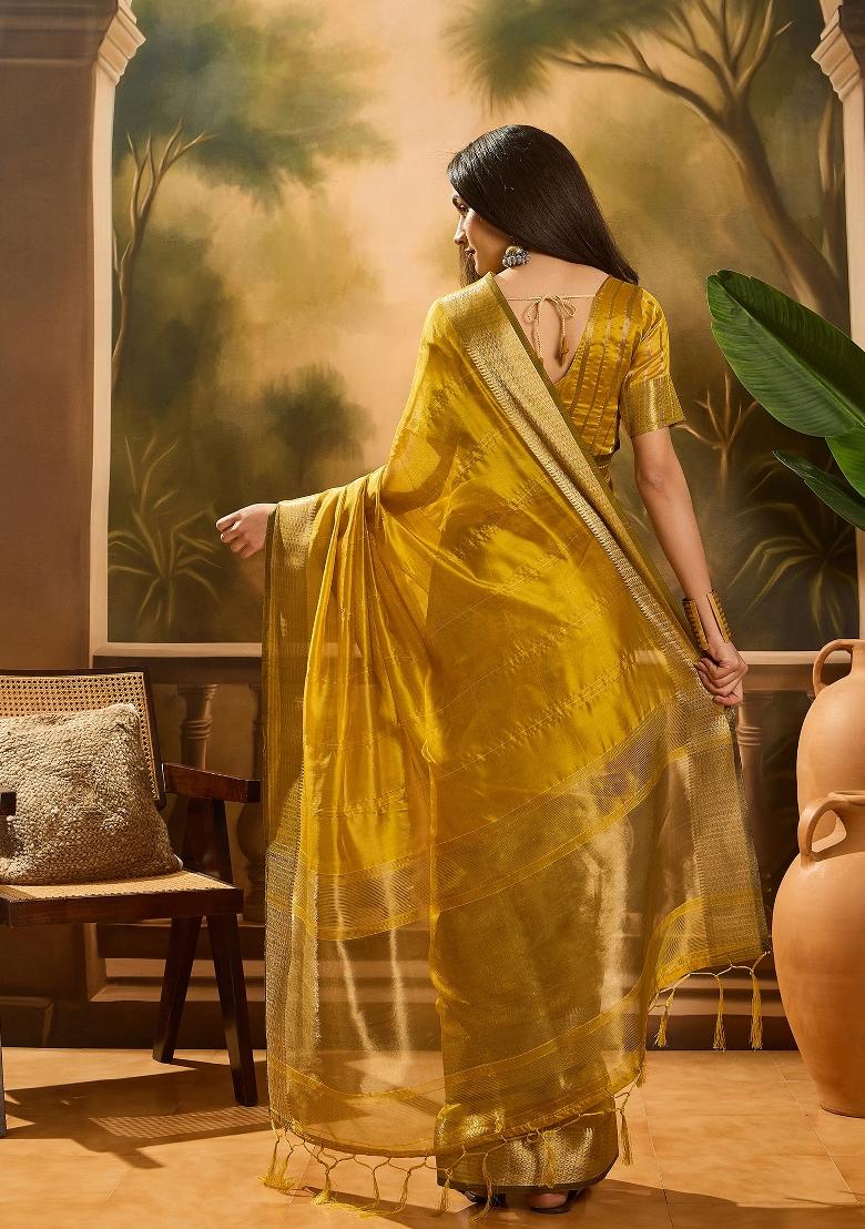 Mustard Yellow Zari Woven Organza Saree Set