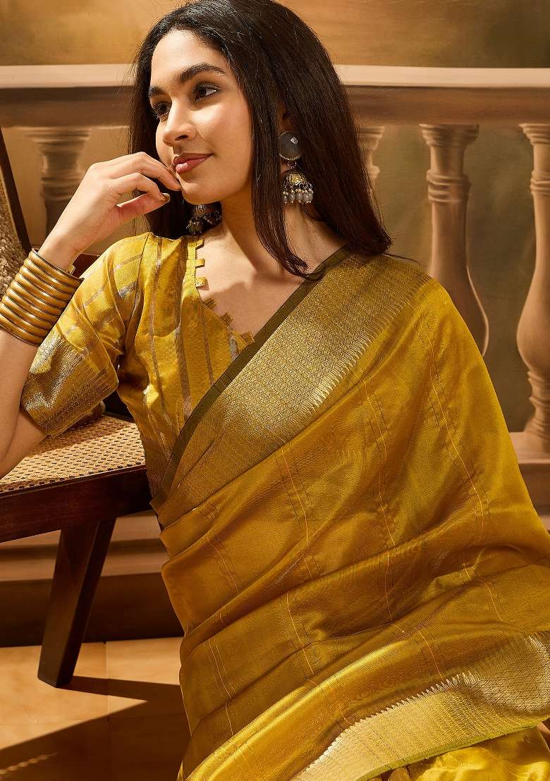Mustard Yellow Zari Woven Organza Saree Set - Indya