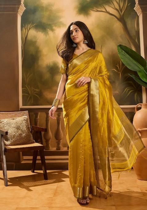 Mustard Yellow Zari Woven Organza Saree Set