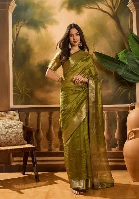 Green Zari Woven Organza Saree Set