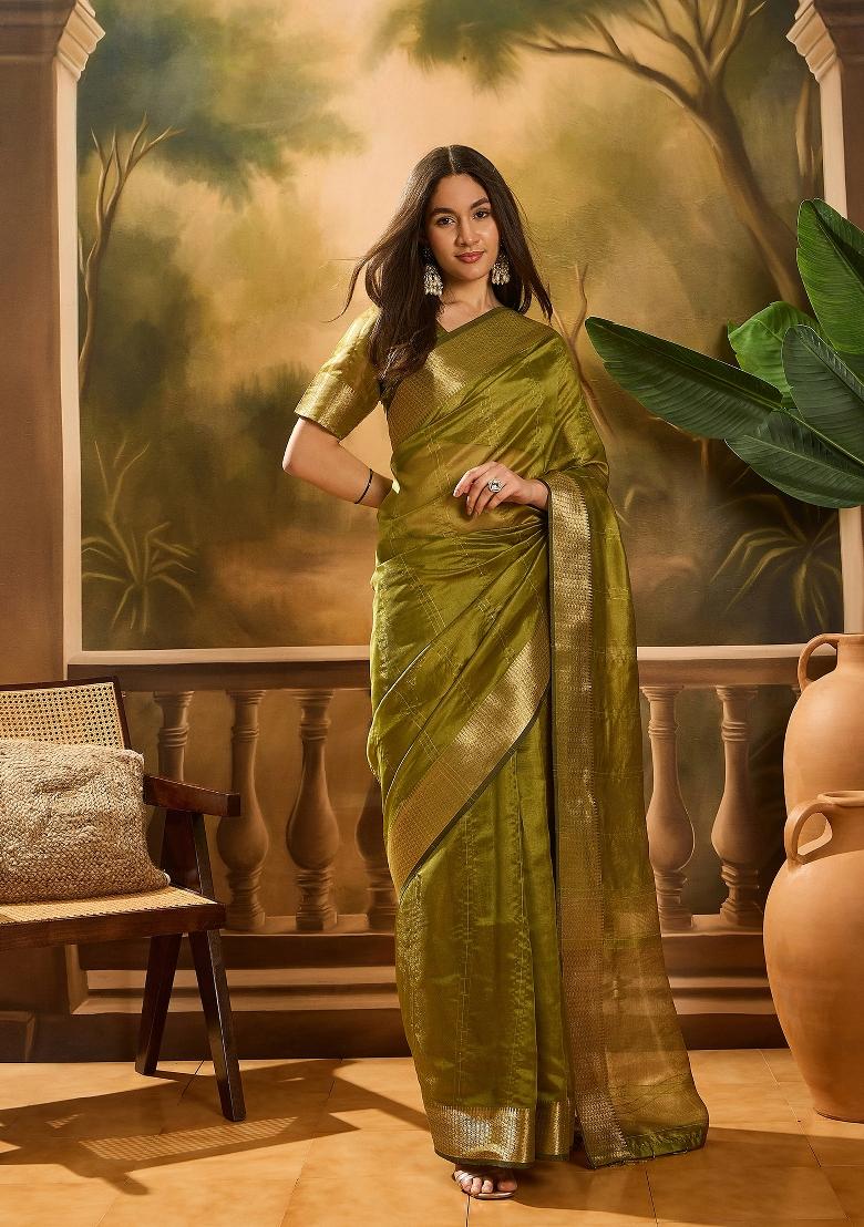 Green Zari Woven Organza Saree Set