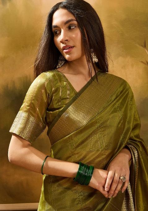 Green Zari Woven Organza Saree Set