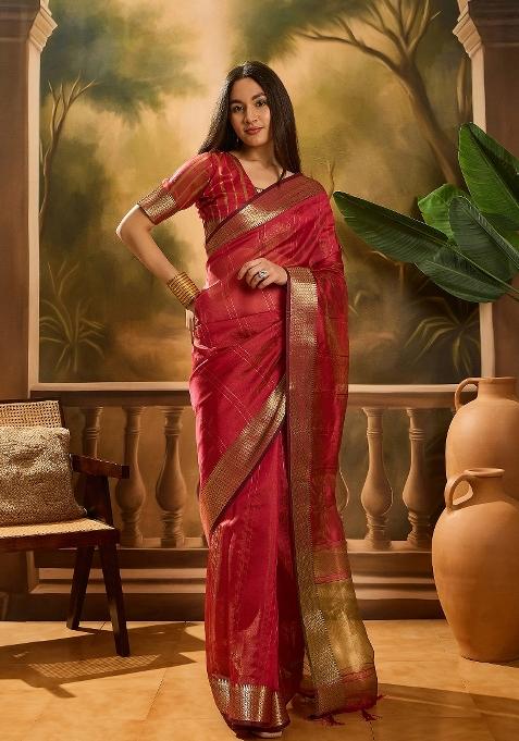 Maroon Zari Woven Organza Saree Set