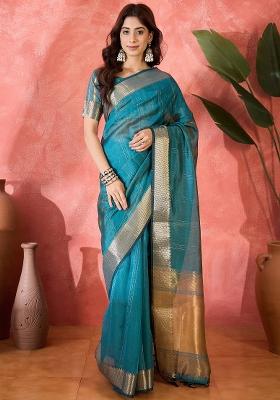 Teal Blue Zari Woven Organza Saree Set