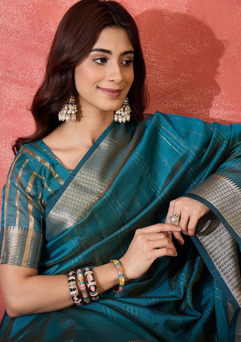 Teal Blue Zari Woven Organza Saree Set
