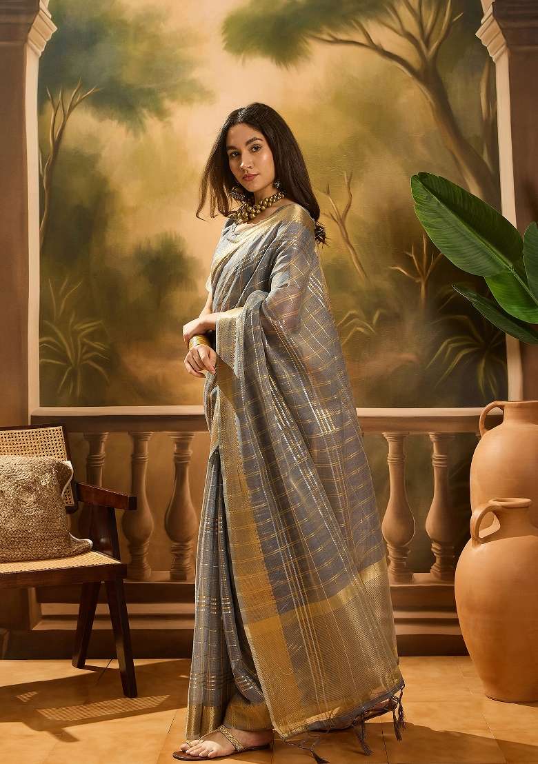 Grey Zari Woven Organza Saree Set - Indya