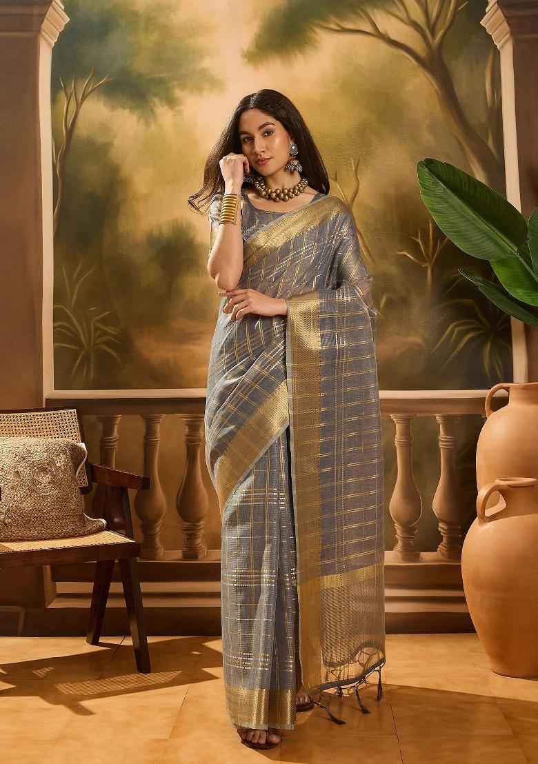 Grey Zari Woven Organza Saree Set
