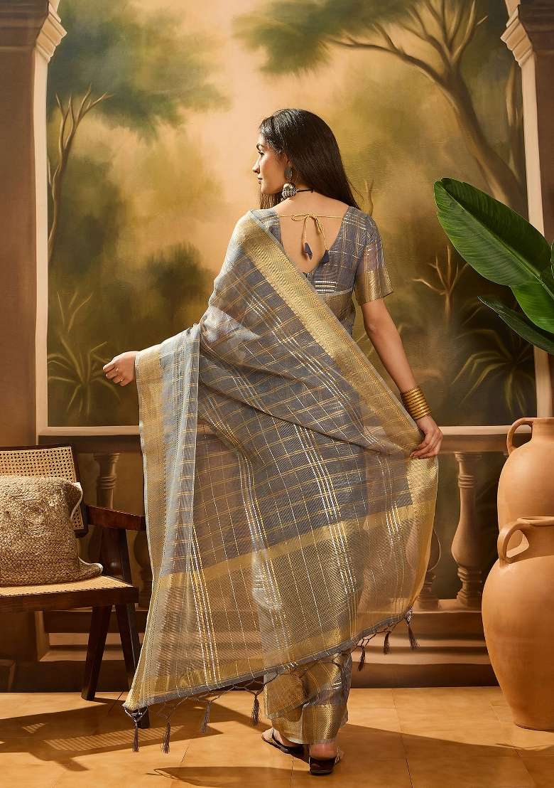 Grey Zari Woven Organza Saree Set - Indya