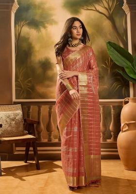 Rust Brown Zari Woven Organza Saree Set