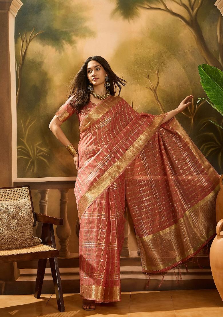 Rust Brown Zari Woven Organza Saree Set