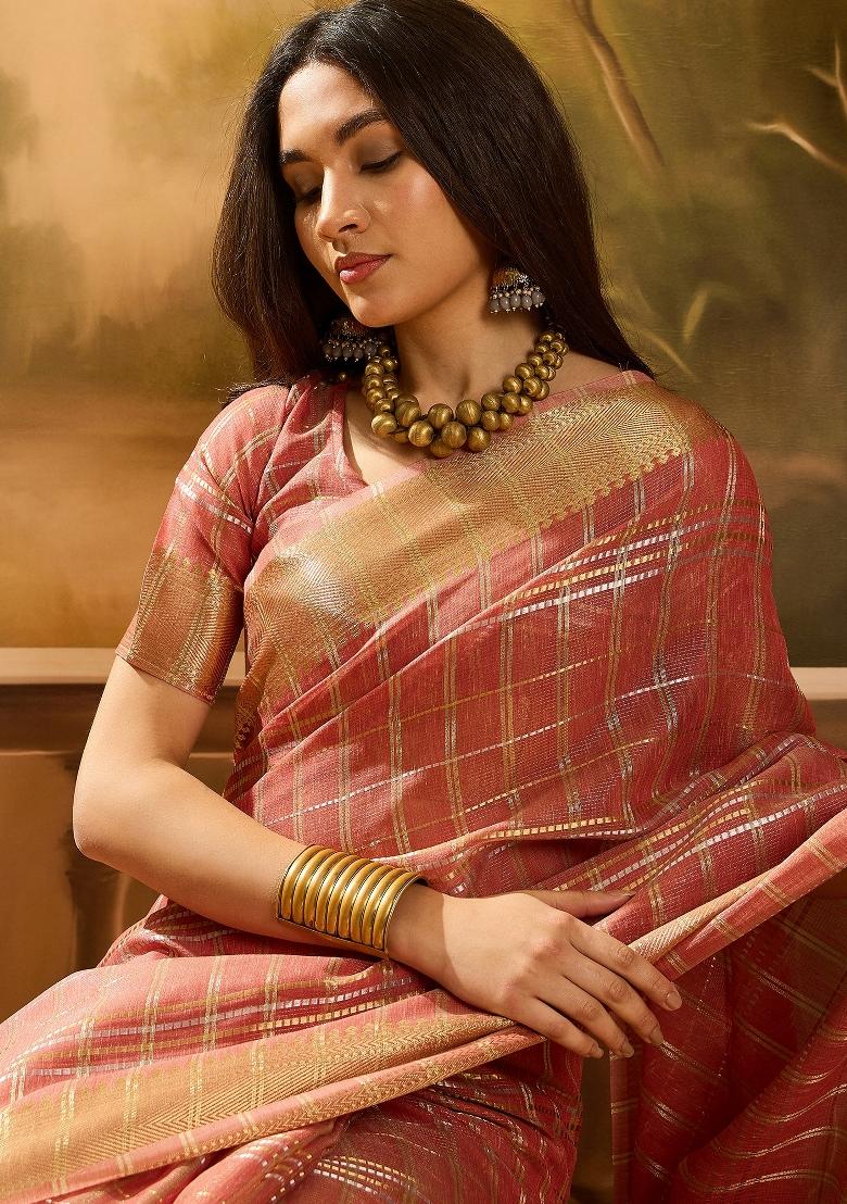 Rust Brown Zari Woven Organza Saree Set