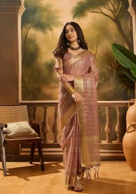 Purple Zari Woven Organza Saree Set