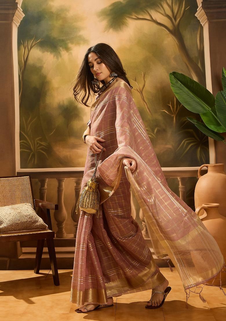 Purple Zari Woven Organza Saree Set