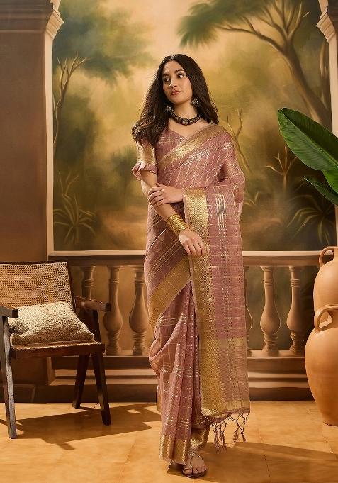 Purple Zari Woven Organza Saree Set