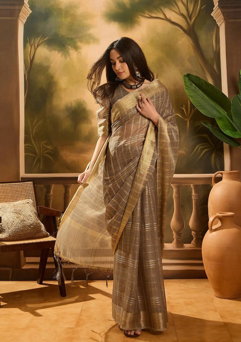 Brown Zari Woven Organza Saree Set