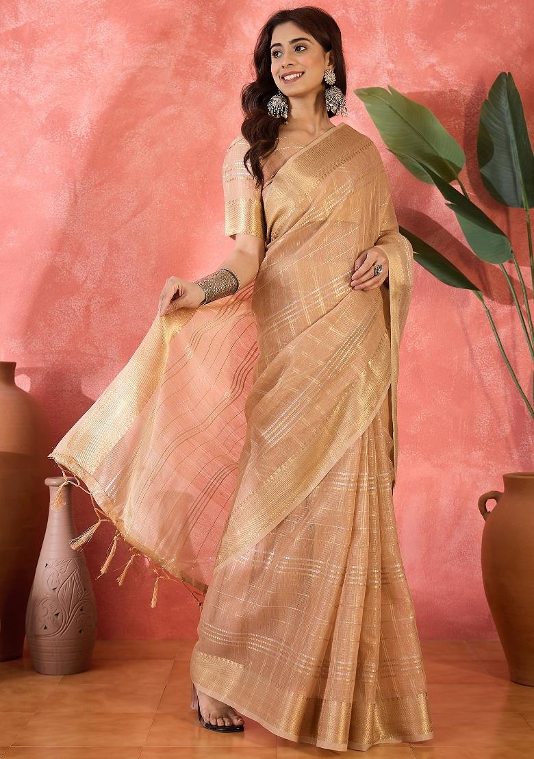 Pink Zari Woven Organza Saree Set