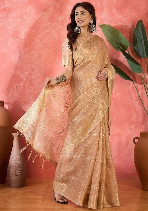 Pink Zari Woven Organza Saree Set