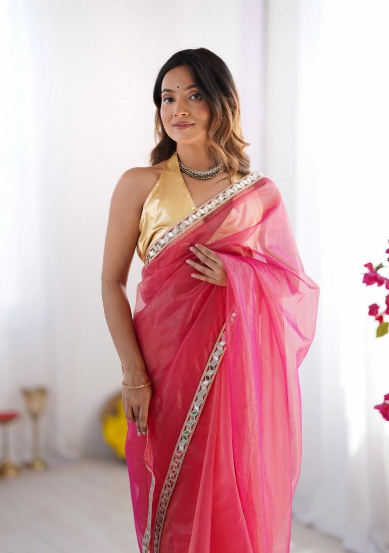 Gold Abstract Print Net Saree Set