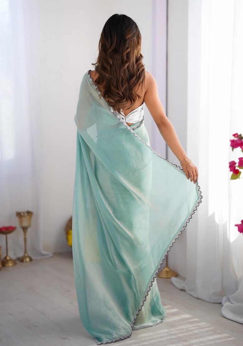 Silver Abstract Print Art Silk Saree Set