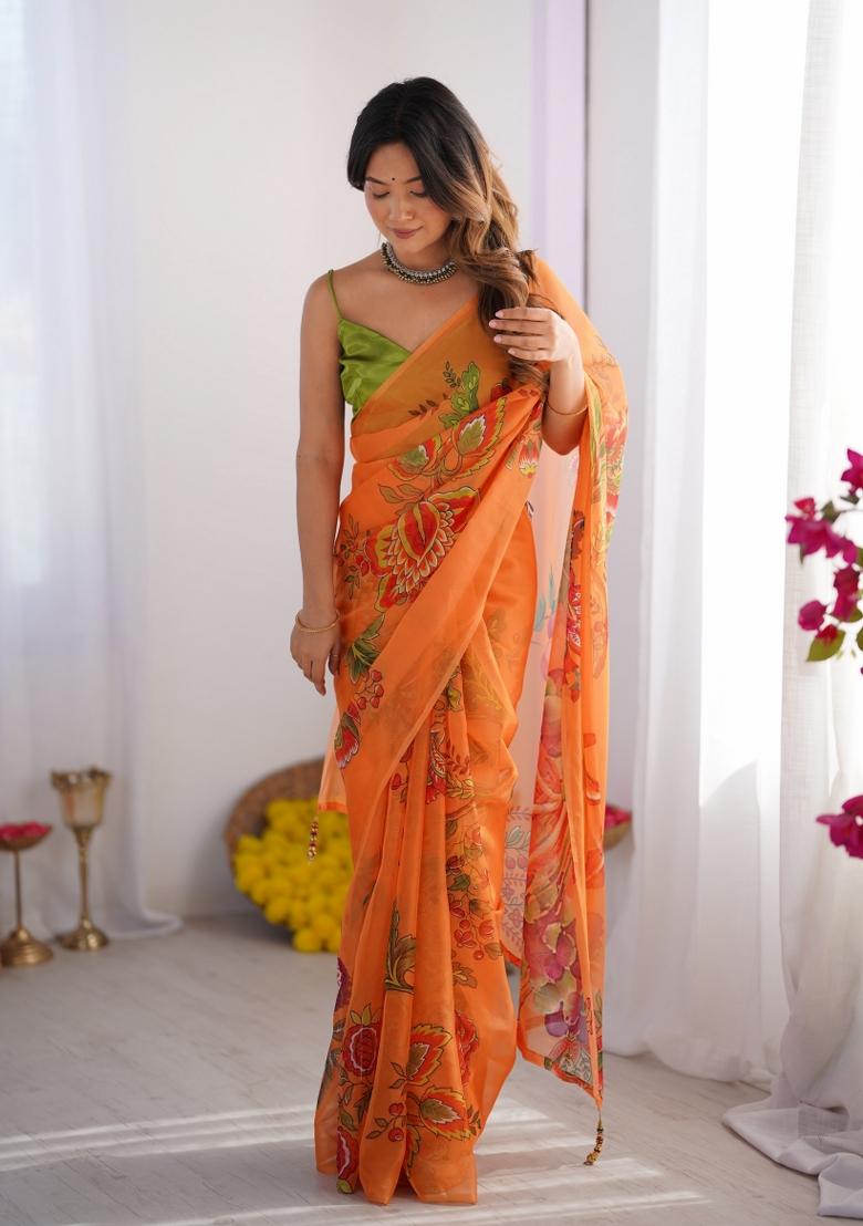 Green Abstract Print Organza Saree Set