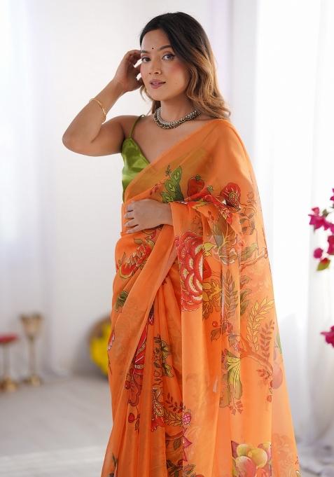 Green Abstract Print Organza Saree Set