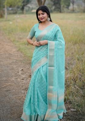 Sea Green Zari Woven Silk Blend Saree Set