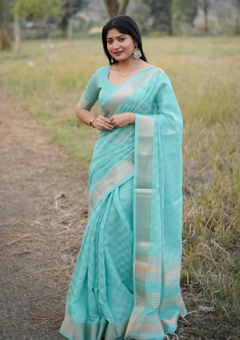 Sea Green Zari Woven Silk Blend Saree Set