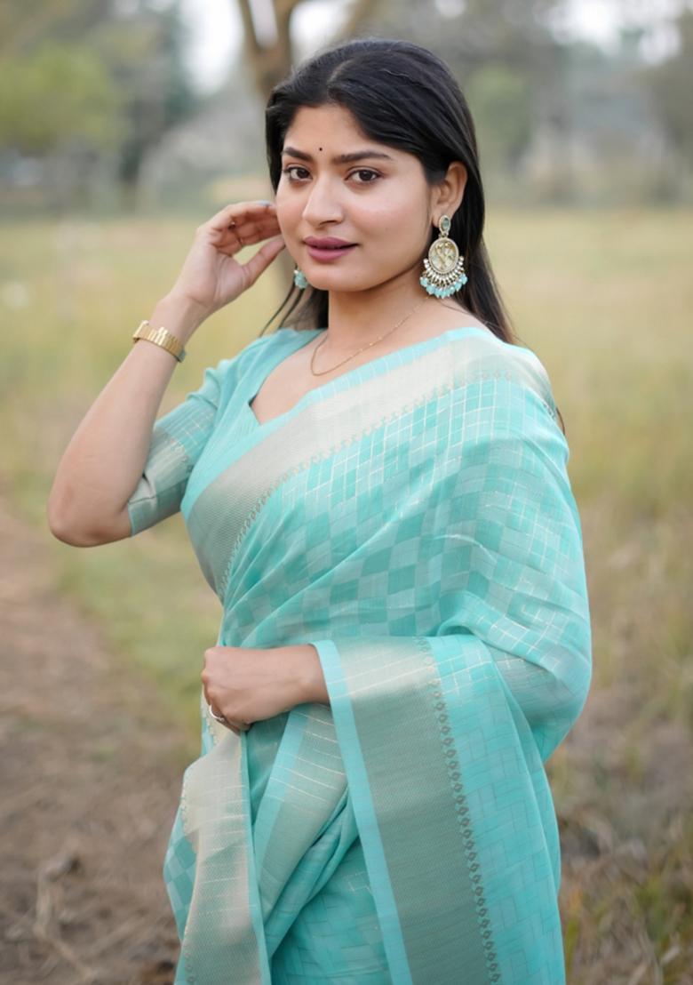 Sea Green Zari Woven Silk Blend Saree Set