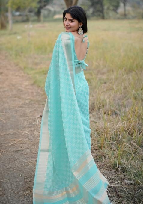 Sea Green Zari Woven Silk Blend Saree Set