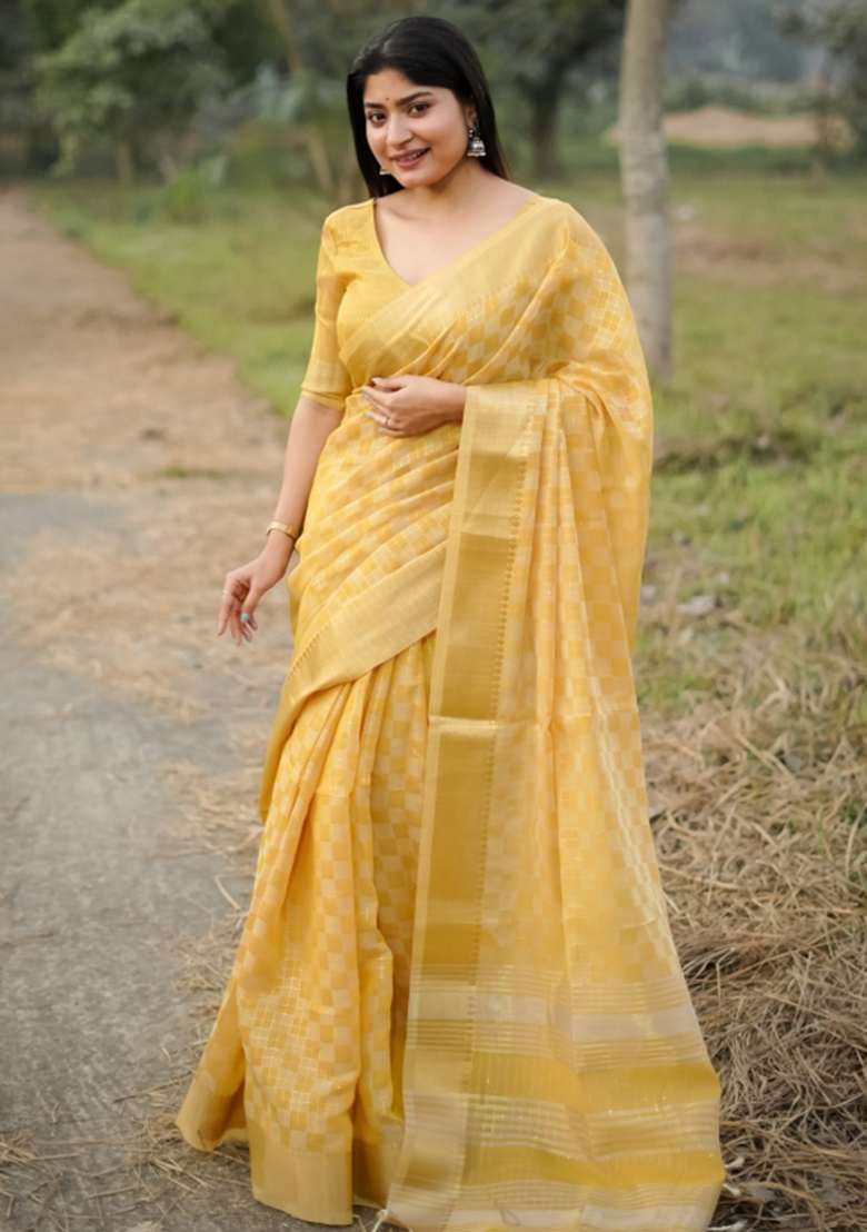 Mustard Yellow Zari Woven Silk Blend Saree Set for Diwali | Wedding & Festive Wear - Indya