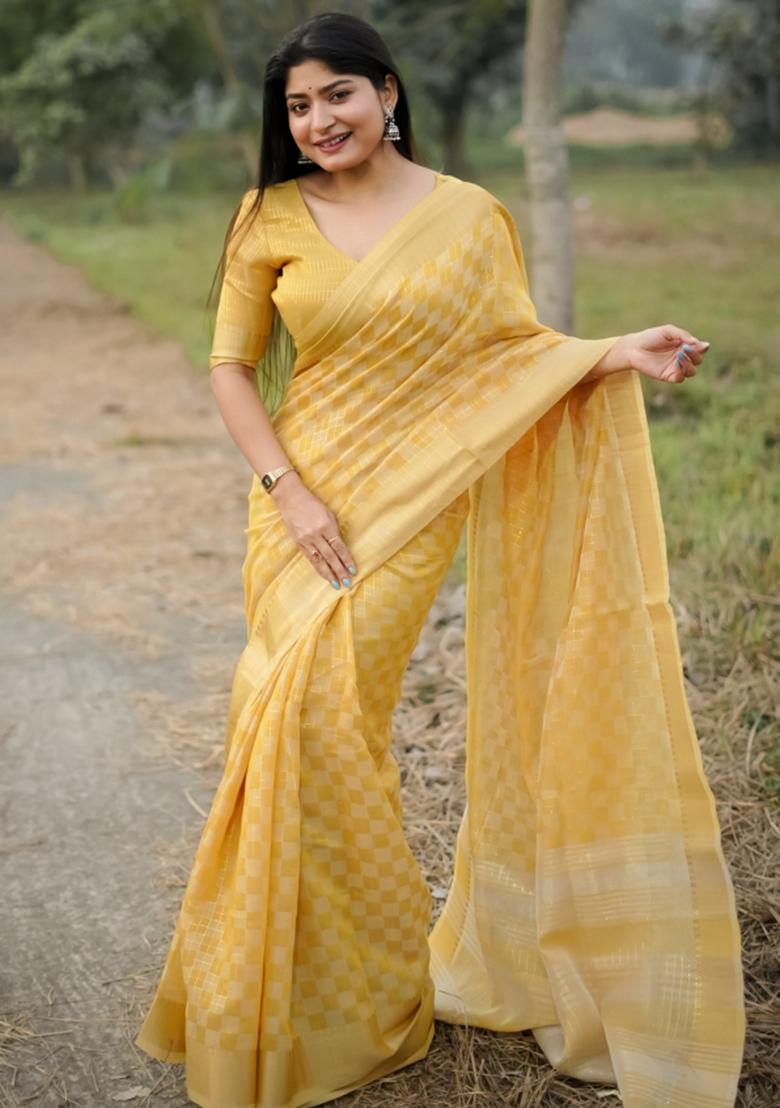 Mustard Yellow Zari Woven Silk Blend Saree Set