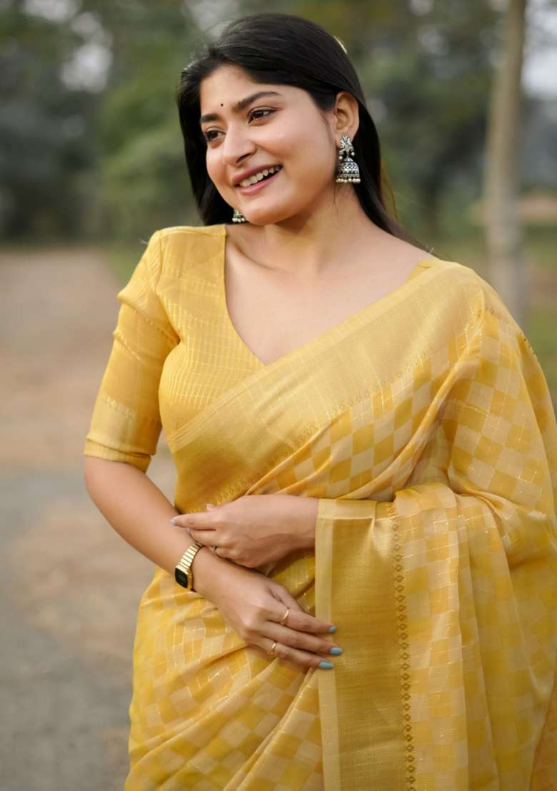 Mustard Yellow Zari Woven Silk Blend Saree Set for Diwali | Wedding & Festive Wear - Indya