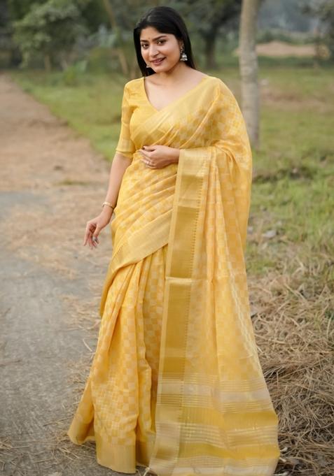 Mustard Yellow Zari Woven Silk Blend Saree Set
