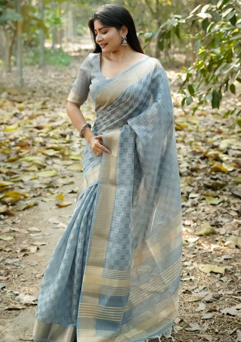 Grey Zari Woven Silk Blend Saree Set for Diwali | Wedding & Festive Wear - Indya