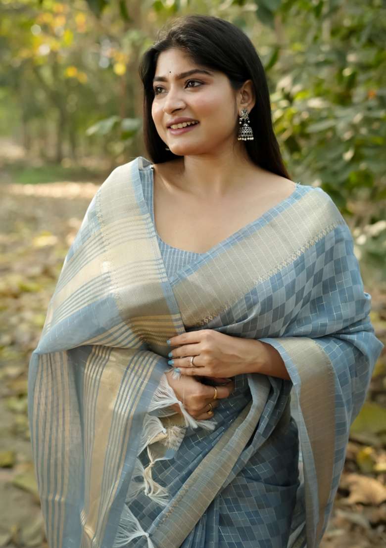 Grey Zari Woven Silk Blend Saree Set for Diwali | Wedding & Festive Wear - Indya