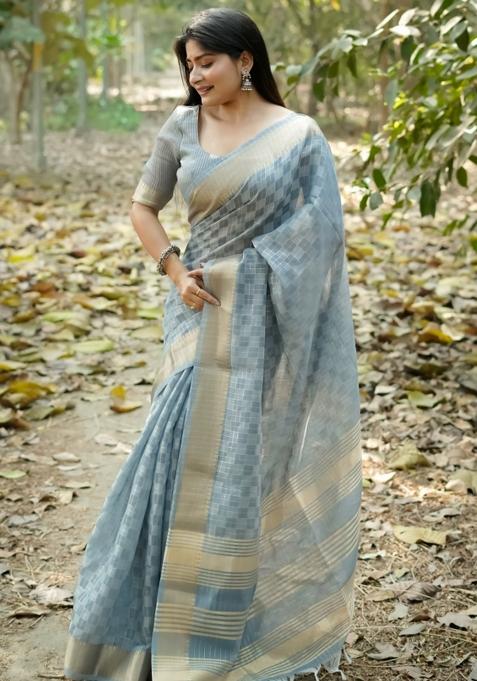 Grey Zari Woven Silk Blend Saree Set