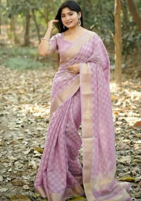 Purple Zari Woven Silk Blend Saree Set