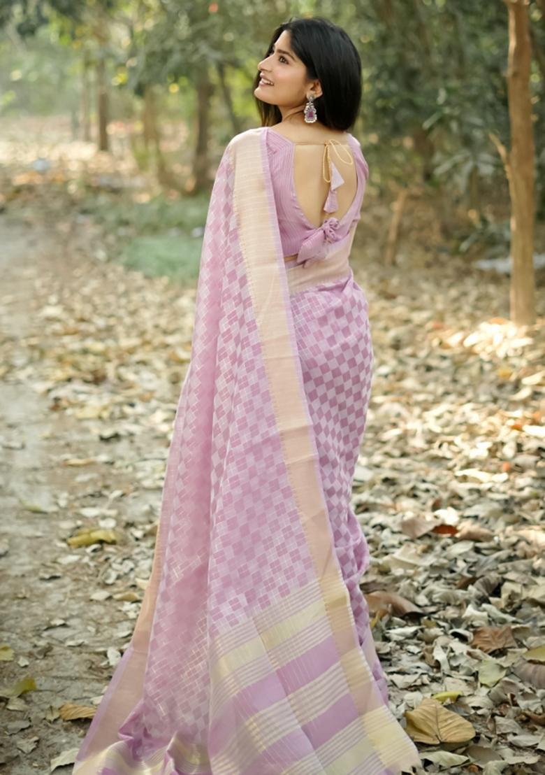 Purple Zari Woven Silk Blend Saree Set