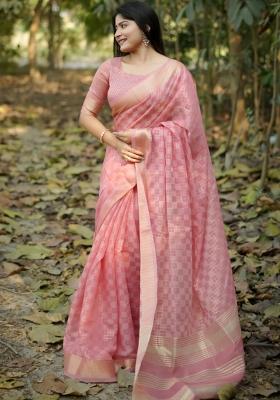 Pink Zari Woven Silk Blend Saree Set