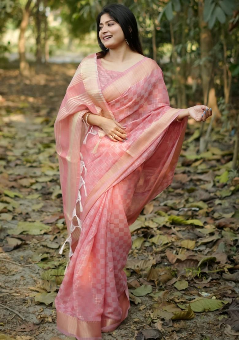 Pink Zari Woven Silk Blend Saree Set