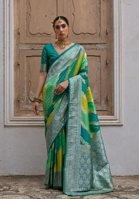 Green Zari Woven Silk Blend Saree Set