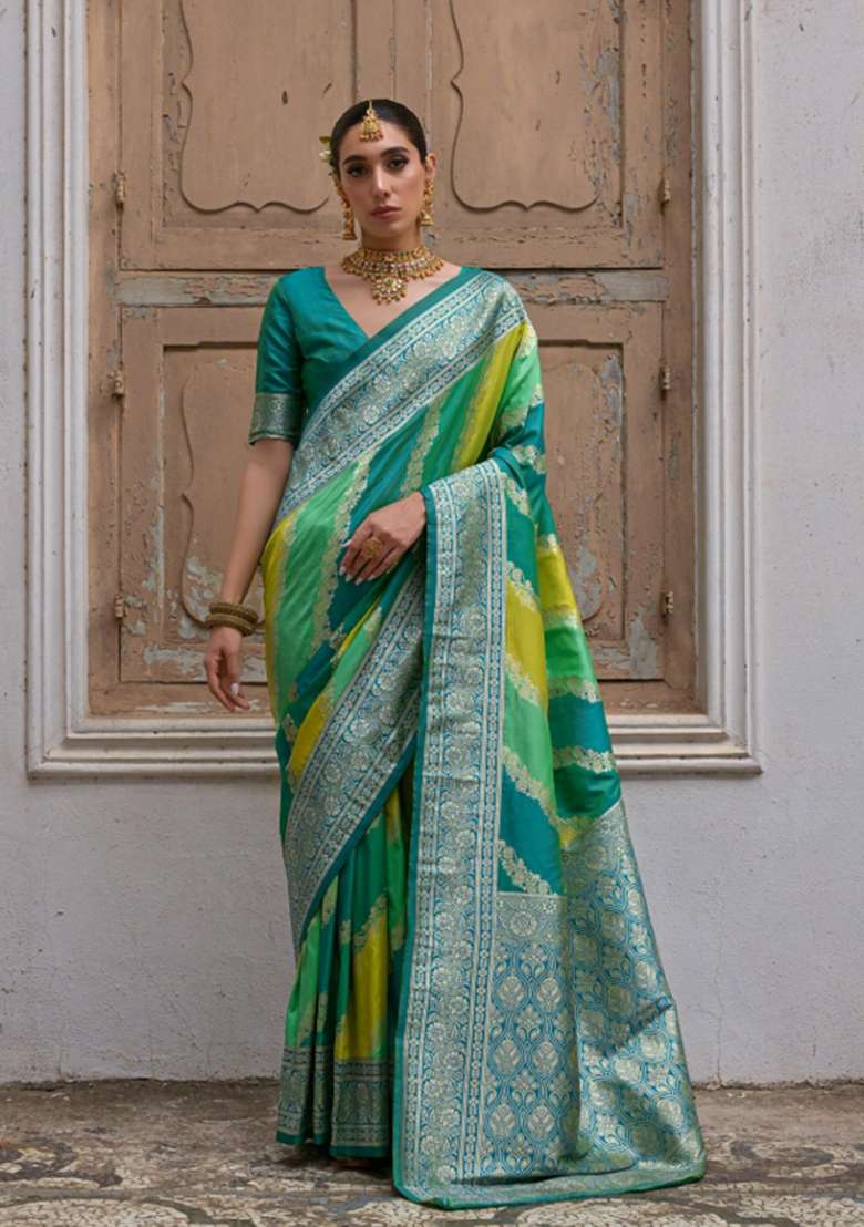 Green Zari Woven Silk Blend Saree Set for Diwali | Wedding & Festive Wear - Indya