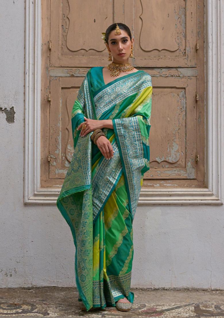 Green Zari Woven Silk Blend Saree Set