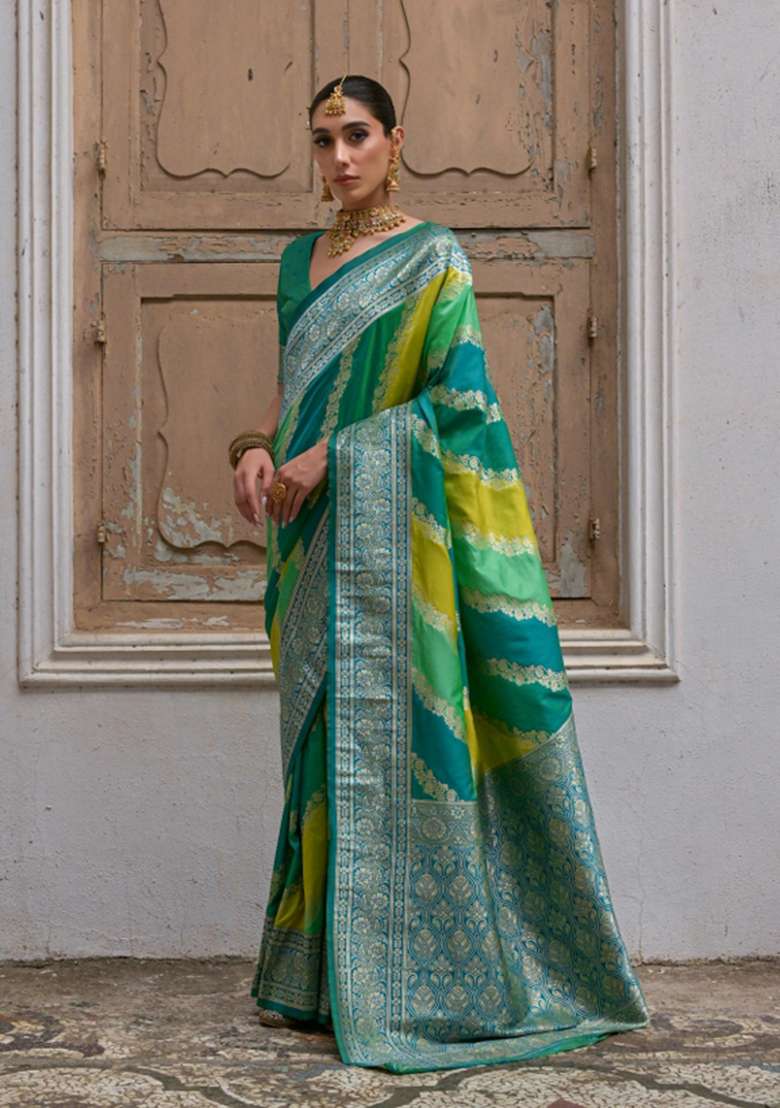Green Zari Woven Silk Blend Saree Set for Diwali | Wedding & Festive Wear - Indya