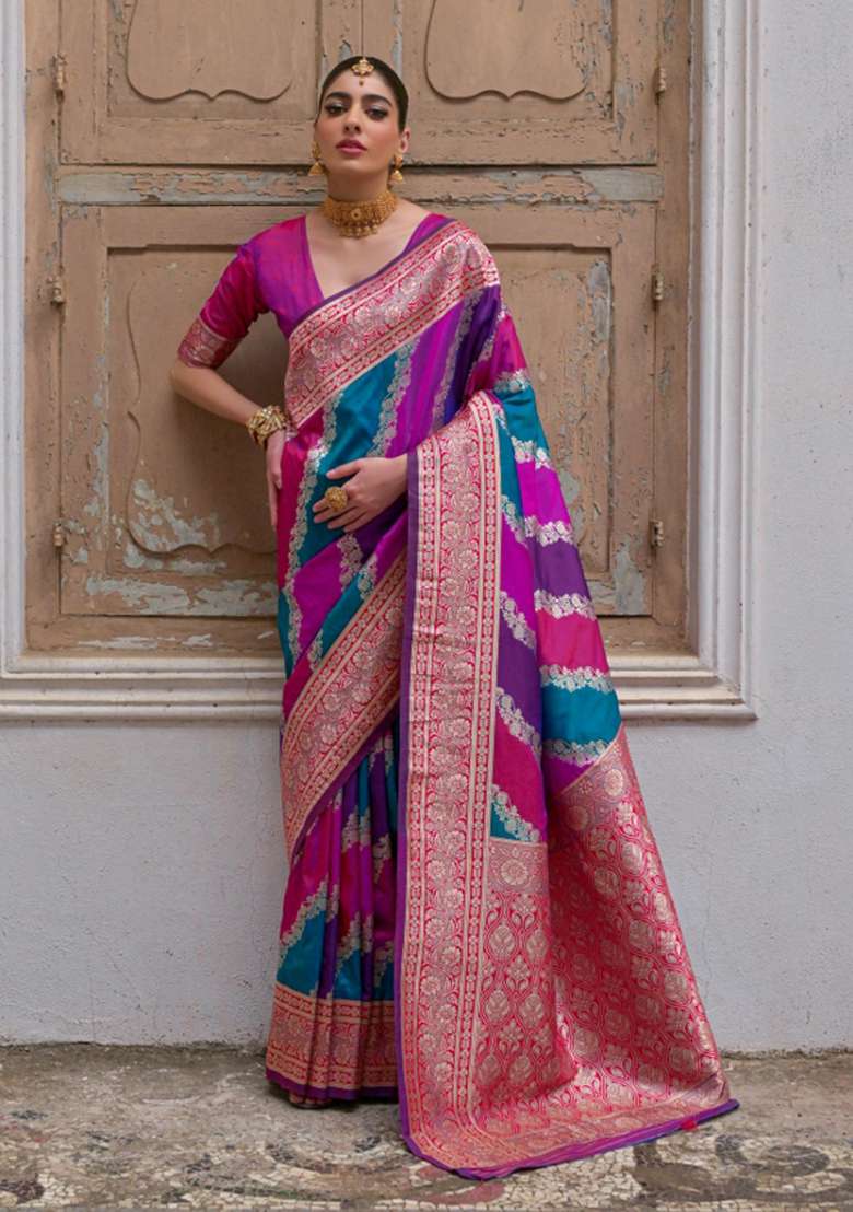 Pink Zari Woven Silk Blend Saree Set for Diwali | Wedding & Festive Wear - Indya