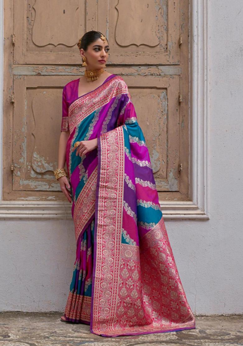 Pink Zari Woven Silk Blend Saree Set