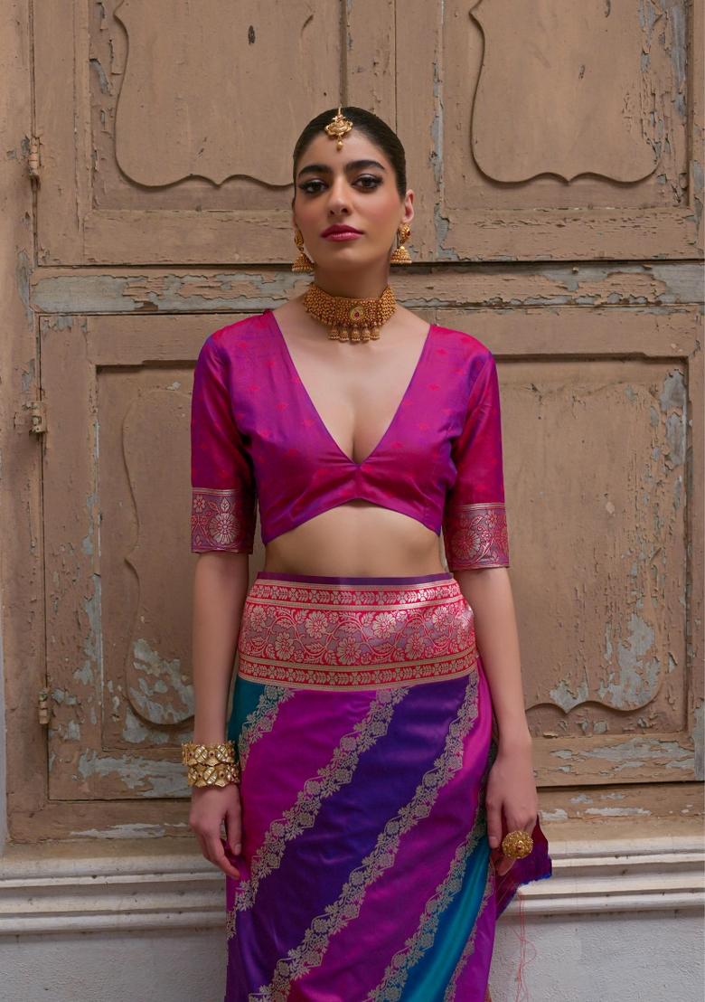 Pink Zari Woven Silk Blend Saree Set