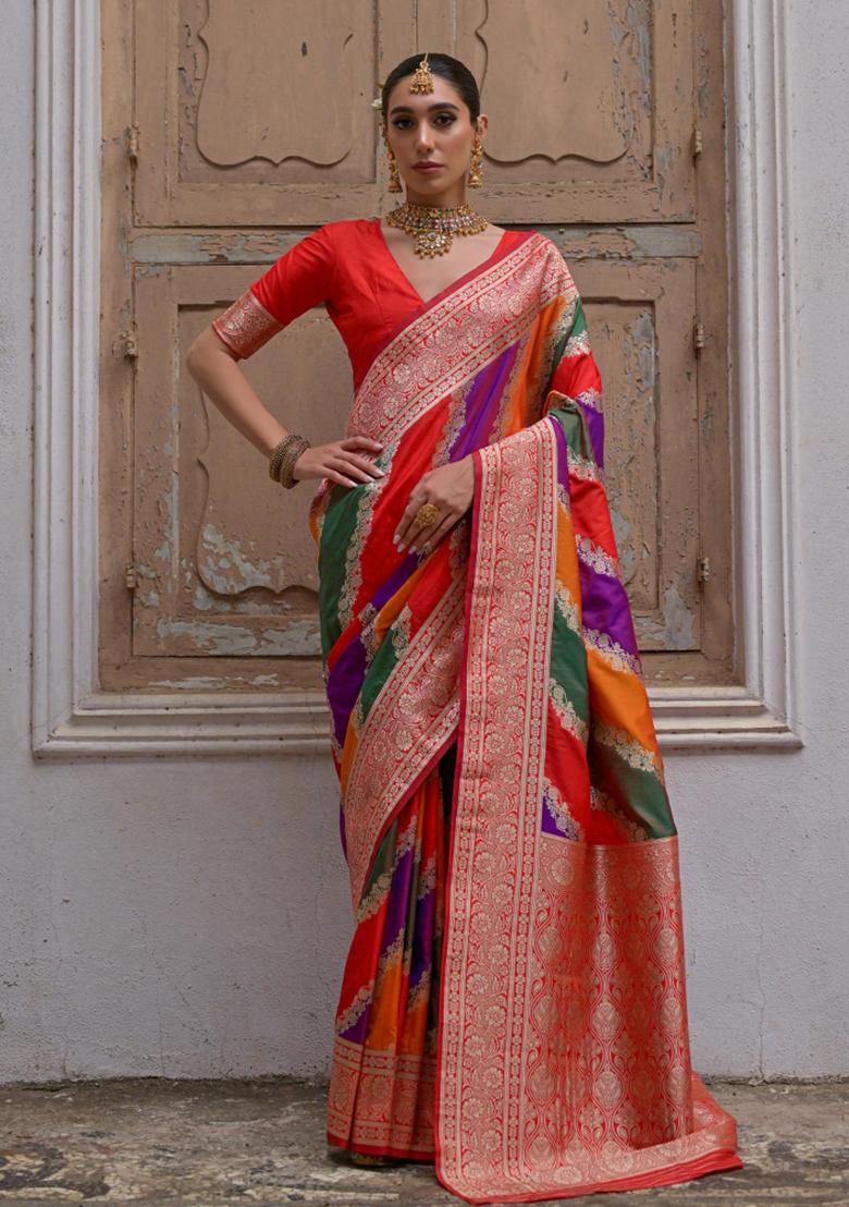 Red Zari Woven Silk Blend Saree Set