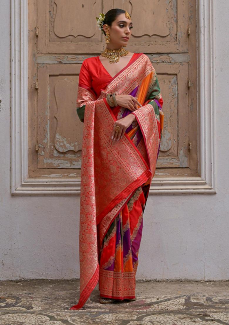 Red Zari Woven Silk Blend Saree Set