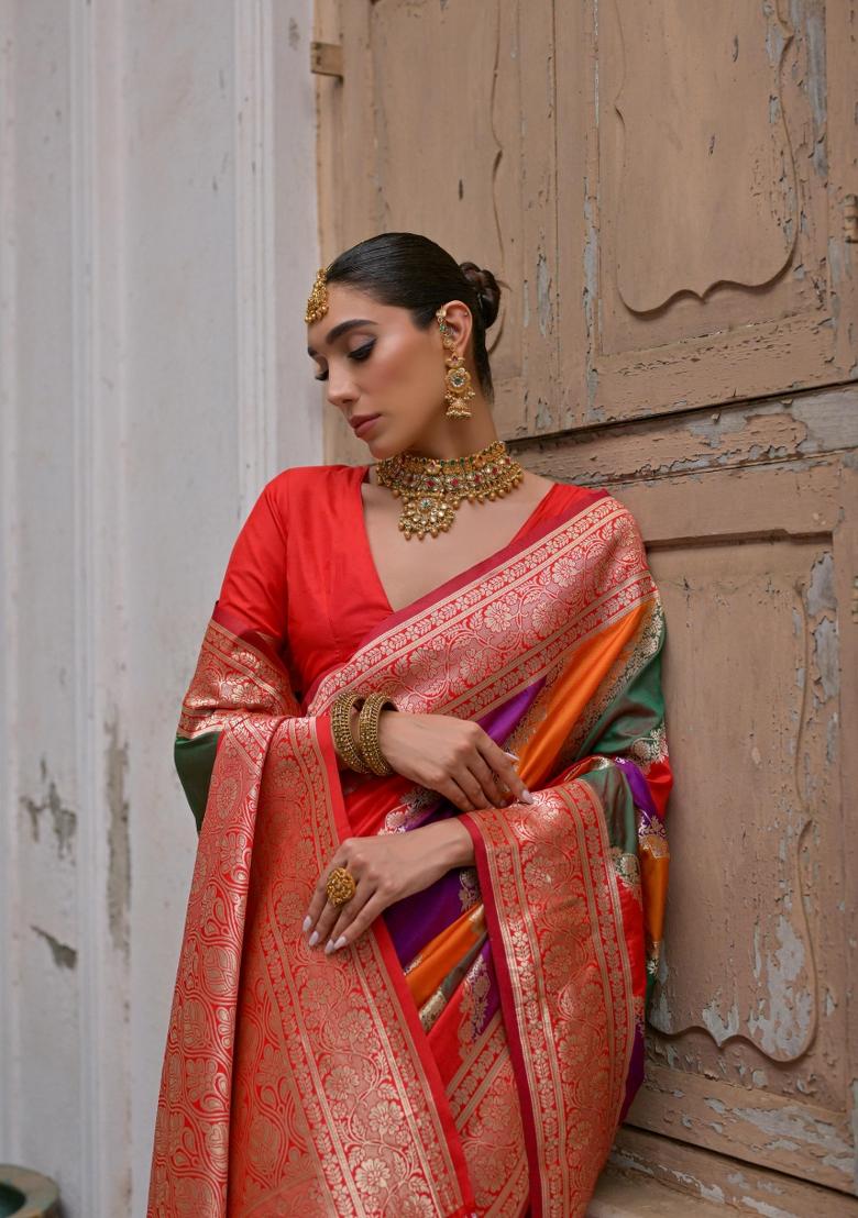 Red Zari Woven Silk Blend Saree Set